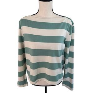 Vintage Ralph Lauren Sport Green Cream Boatneck Cotton Top Large 90s Y2K‎